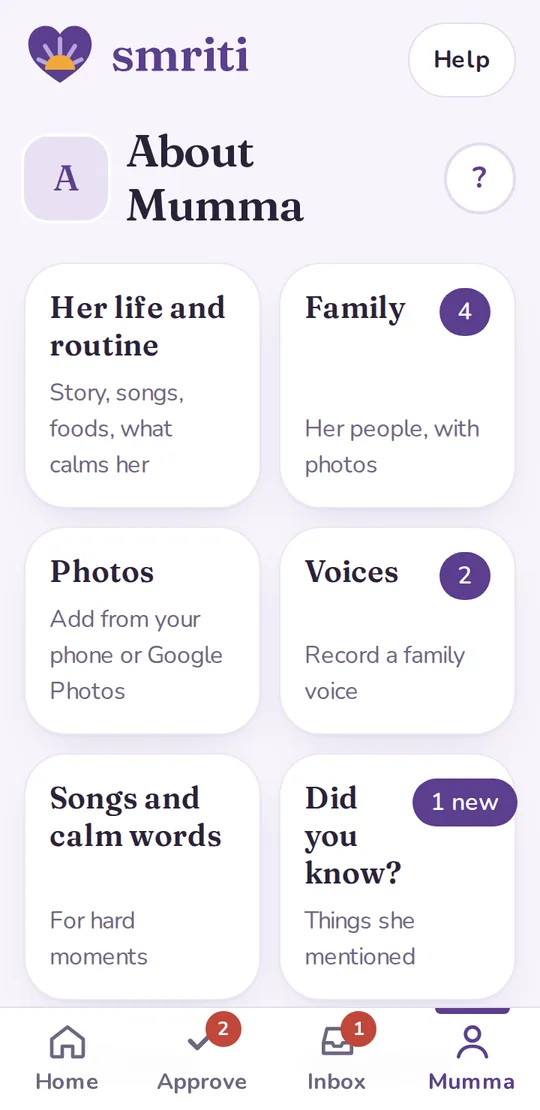 Tell Smriti about Mumma: her life, her people, what calms her.